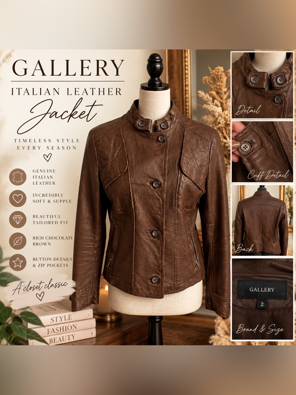 Gallery Italian Leather Brown Moto Jacket Soft Lambskin Size 2 Small